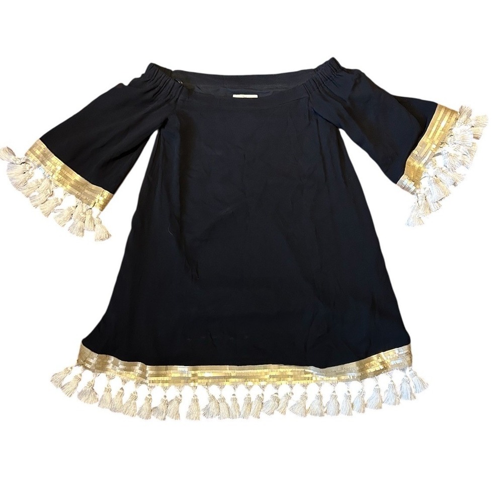 Mestiza New York Dress Cha Cha Silk Shimmy Off the Shoulder Tassel Sequin Sz XS - Picture 2 of 8